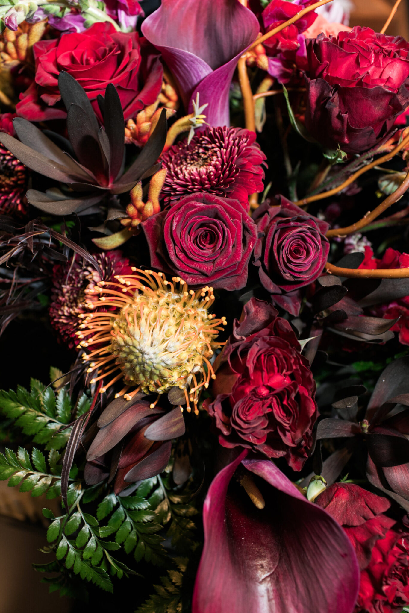 A close-up of a floral arrangement, perfect for wedding catering Seattle, featuring dark red roses, calla lilies, chrysanthemums, yellow pincushion protea, and green fern leaves.